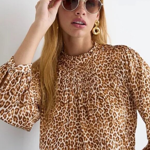 J. Crew Leopard Print Ruffle Neck Blouse Women’s Large Brown Long Sleeve - Picture 7 of 8